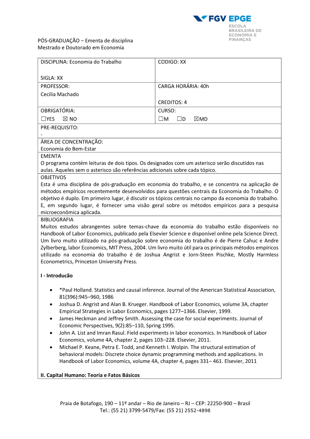 Ementa De Disciplina Mestrado E Doutorado Em Economia