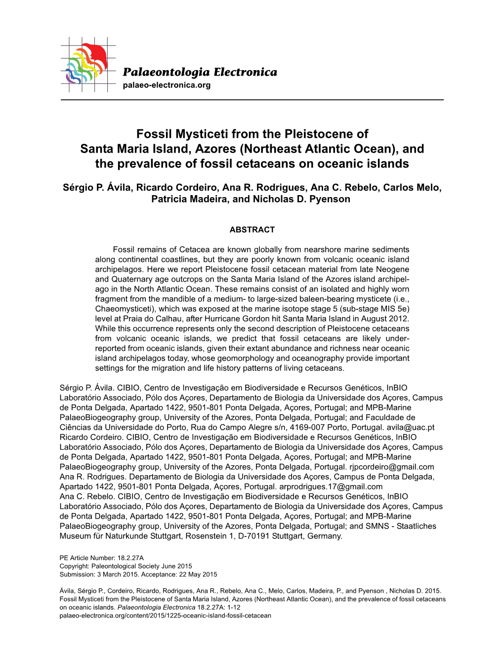 Fossil Mysticeti from the Pleistocene of Santa Maria Island, Azores (Northeast Atlantic Ocean), and the Prevalence of Fossil Cetaceans on Oceanic Islands