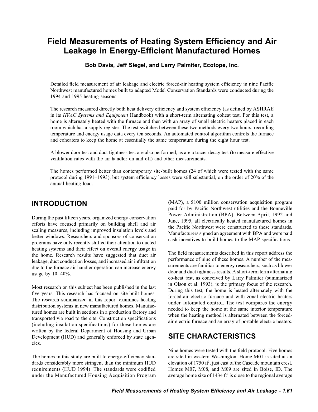 Field Measurements of Heating System Efficiency and Air Leakage in Energy-Efficient Manufactured Homes