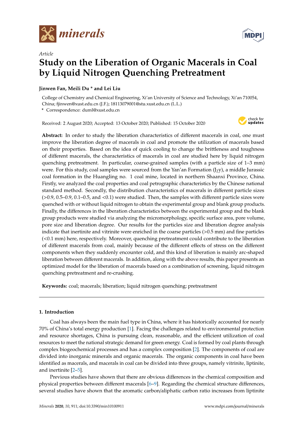 Study on the Liberation of Organic Macerals in Coal by Liquid Nitrogen Quenching Pretreatment