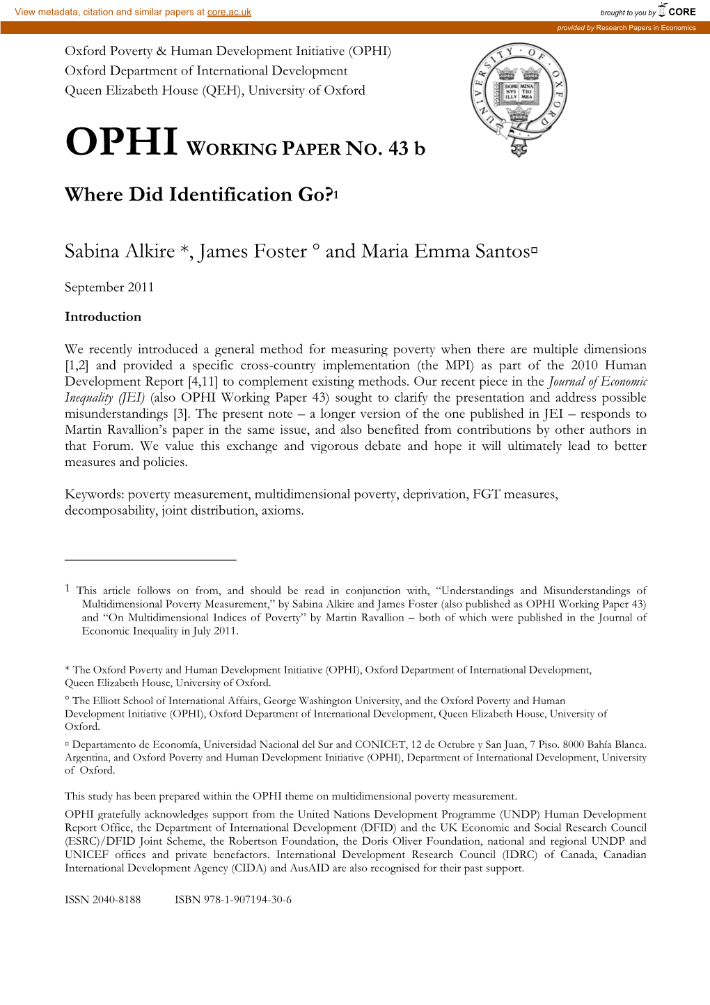 Where Did Identification Go? Sabina Alkire *, James Foster D
