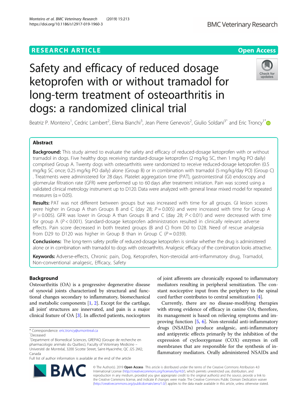 Safety and Efficacy of Reduced Dosage Ketoprofen with Or Without Tramadol for Long-Term Treatment of Osteoarthritis in Dogs: a Randomized Clinical Trial Beatriz P