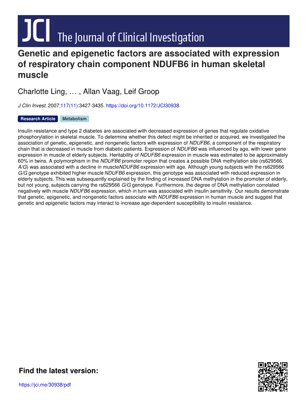 Genetic and Epigenetic Factors Are Associated with Expression of Respiratory Chain Component NDUFB6 in Human Skeletal Muscle