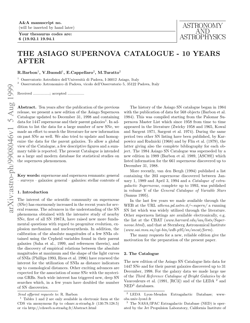 Astronomy and Astrophysics the Asiago Supernova Catalogue