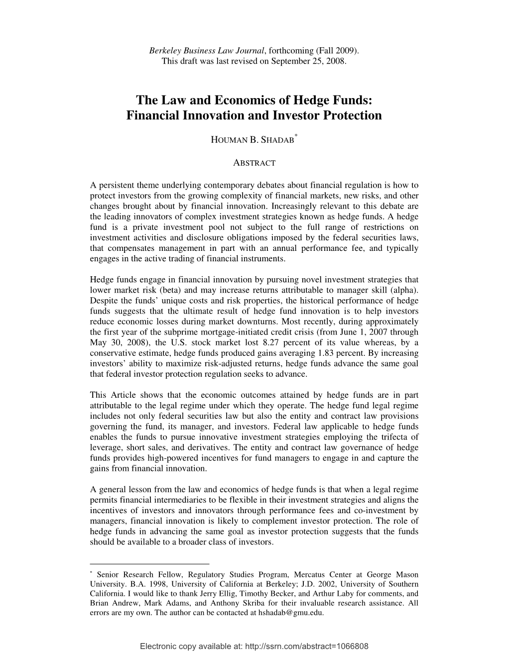 The Law and Economics of Hedge Funds: Financial Innovation and Investor Protection