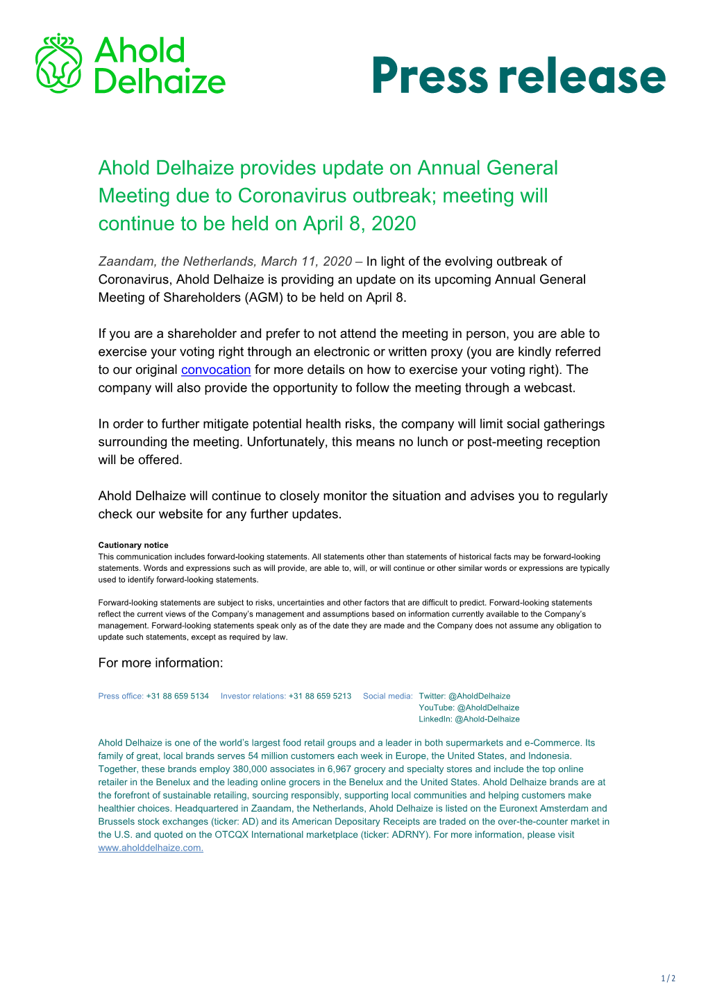 Ahold Delhaize Provides Update on Annual General Meeting Due to Coronavirus Outbreak; Meeting Will Continue to Be Held on April 8, 2020