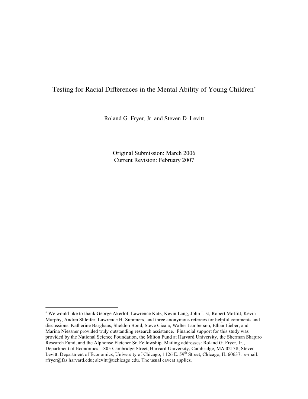 Testing for Racial Differences in the Mental Ability of Young Children