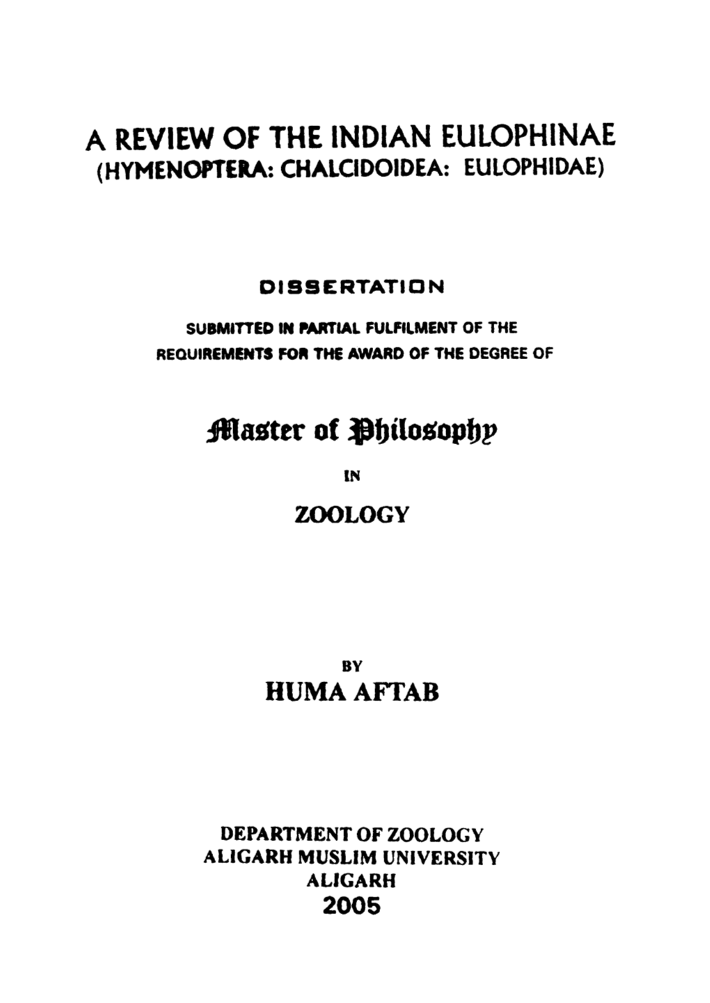 A Review of the Indian Eulophinae (Hymenoftera: Chalcidoidea: Eulophidae)