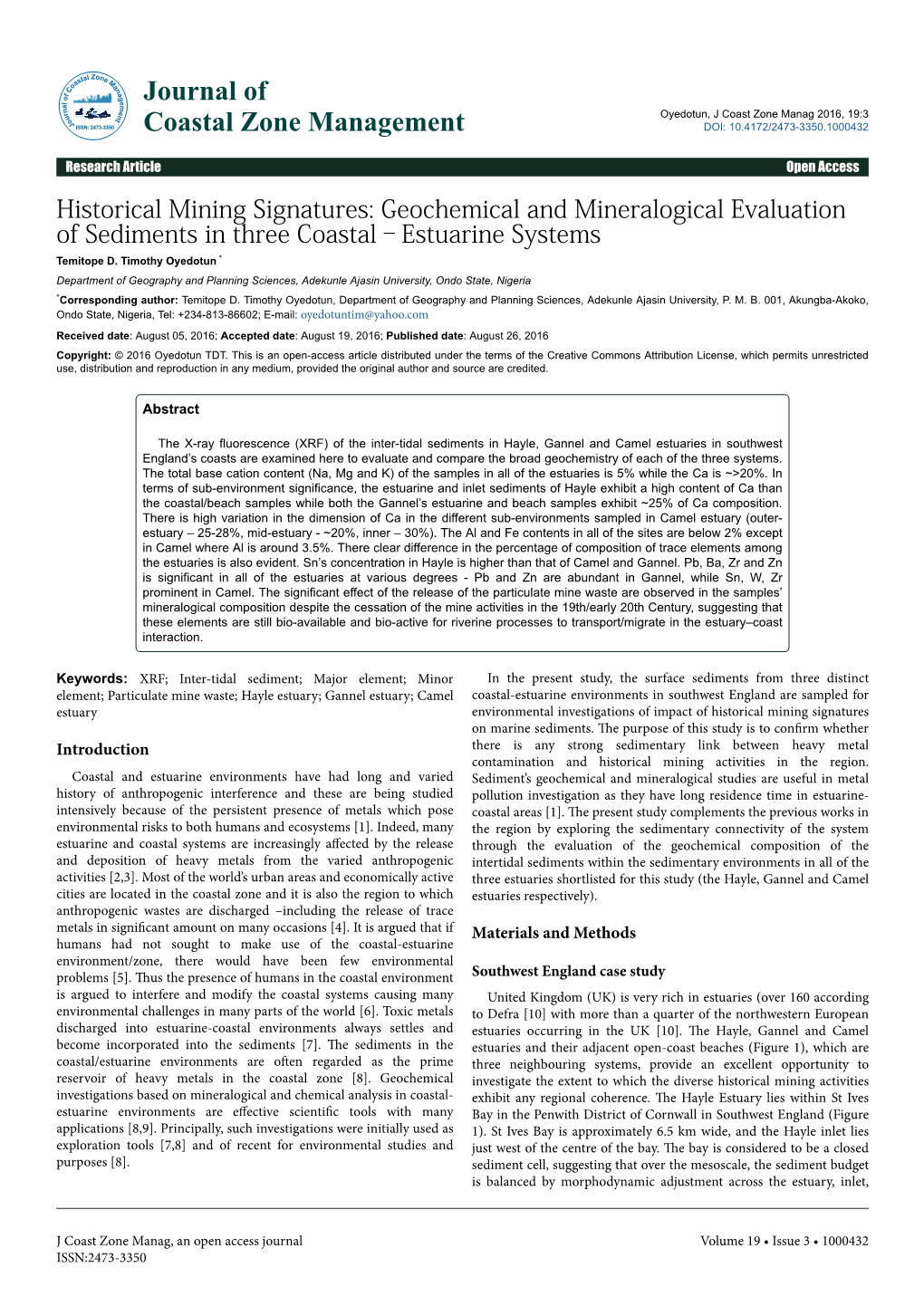 Geochemical and Mineralogical Evaluation of Sediments in Three Coastal–Estuarine Systems Temitope D