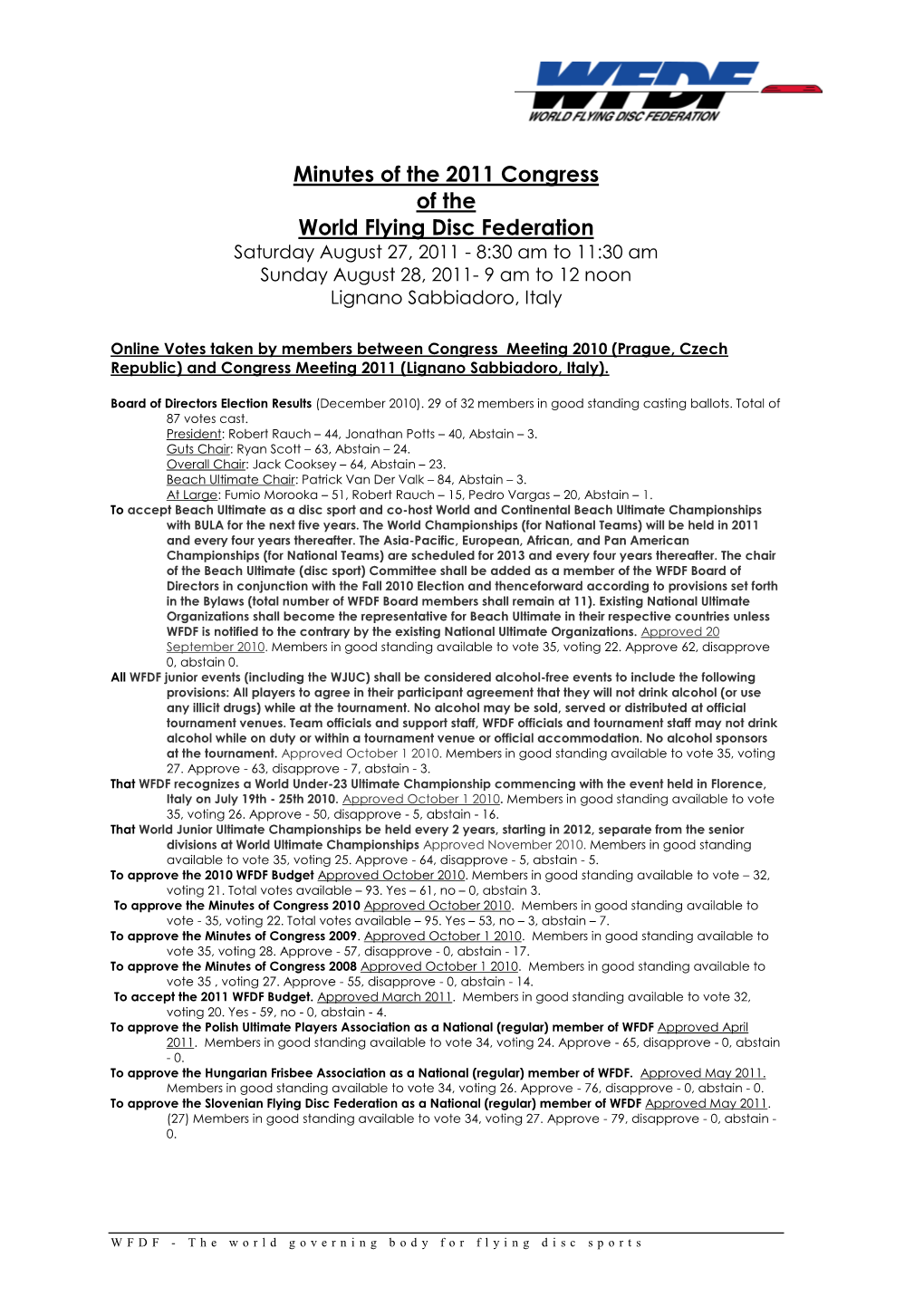Minutes of the 2011 Congress of the World Flying Disc Federation