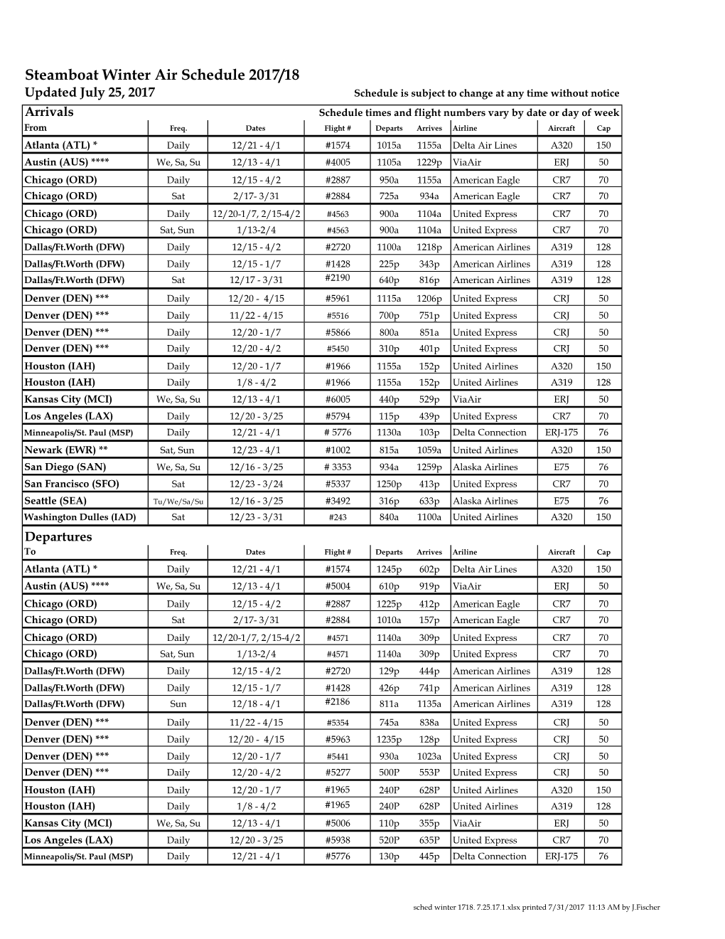 Steamboat Winter Air Schedule 2017/18
