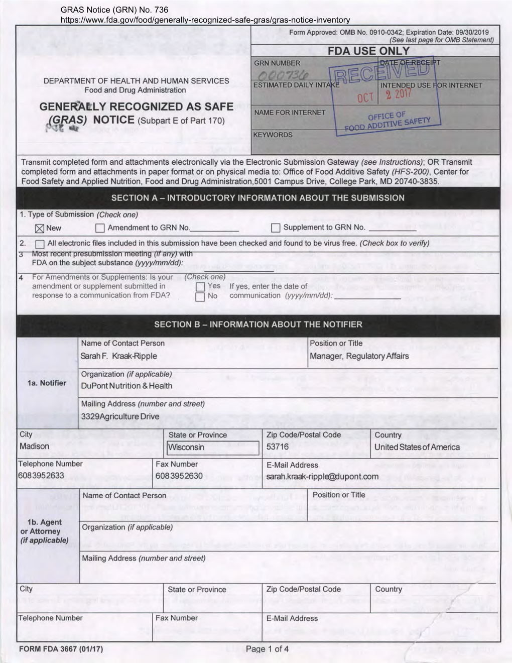 GRAS Notice (GRN) No. 736, Lactobacillus Casei Subsp