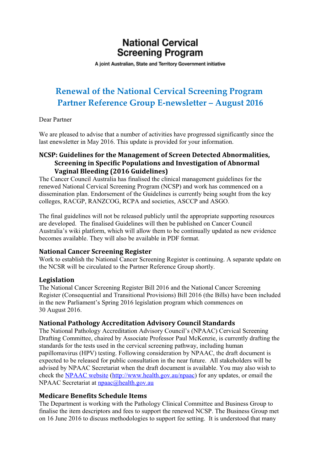 Renewal of the National Cervical Screening Program Partner Reference Group E-Newsletter