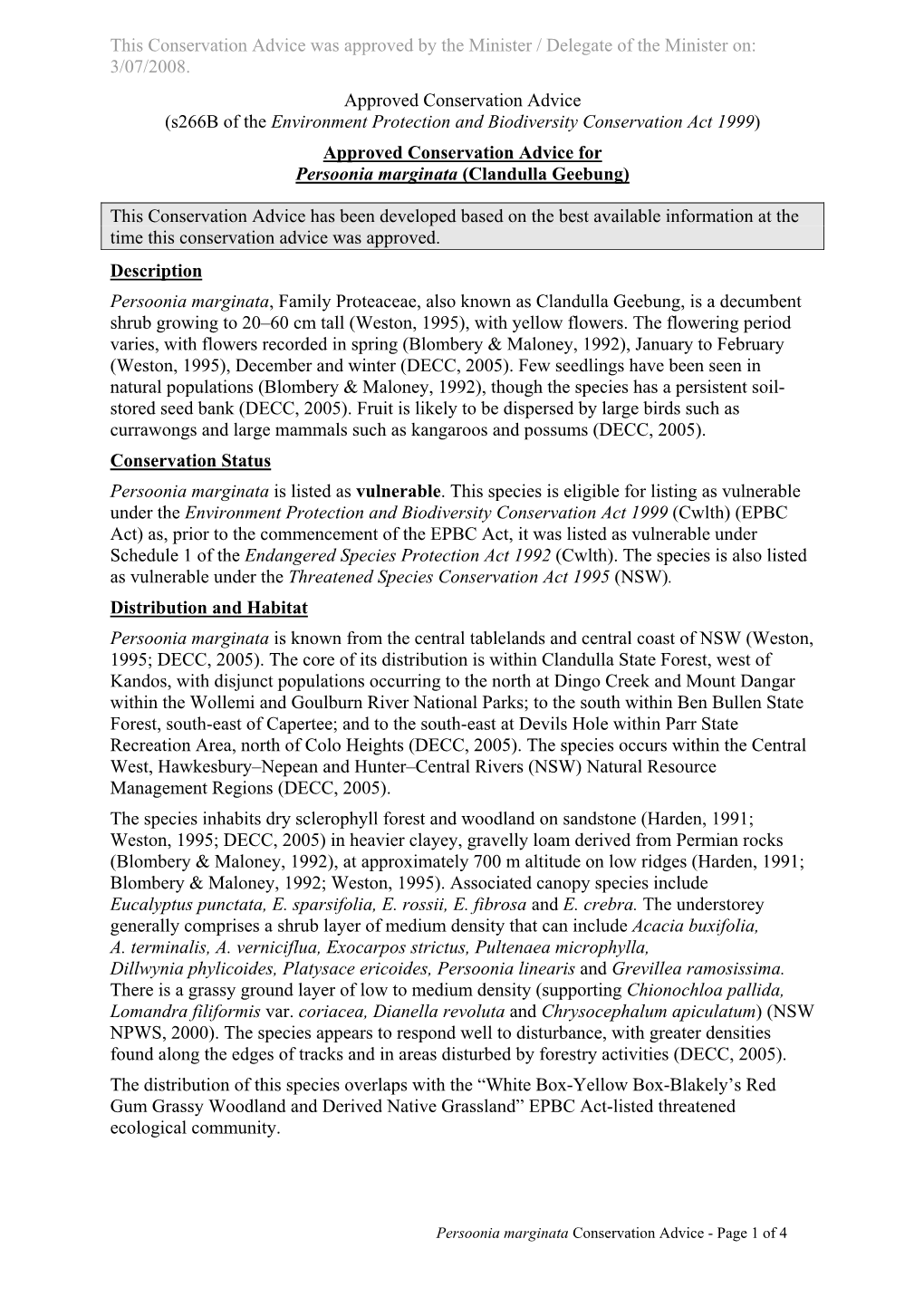 Approved Conservation Advice for Persoonia Marginata (Clandulla Geebung)