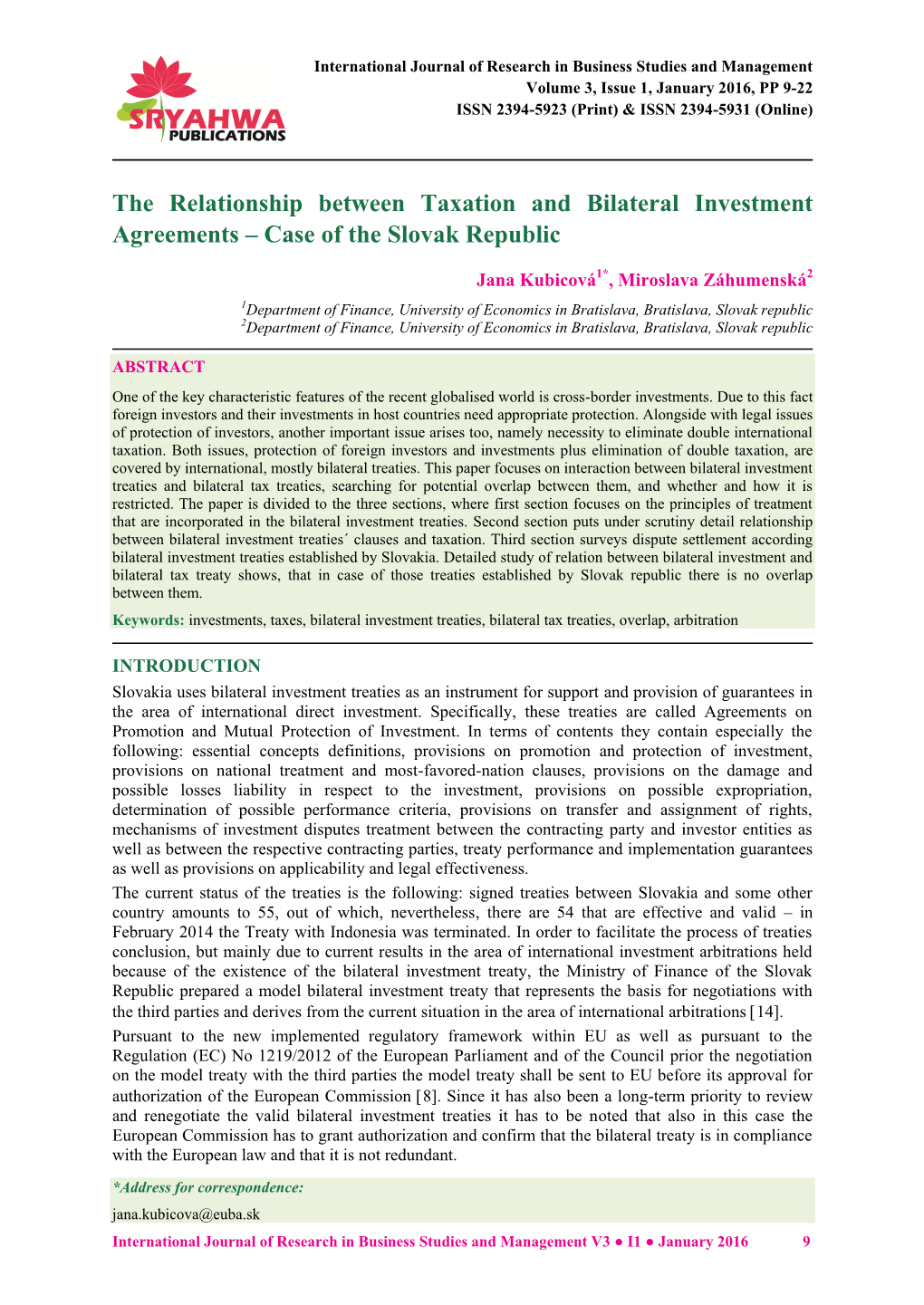 The Relationship Between Taxation and Bilateral Investment Agreements – Case of the Slovak Republic