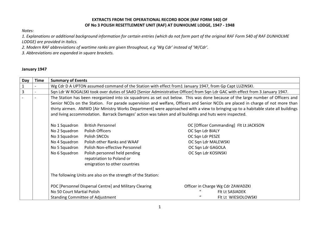 RAF FORM 540) of of No 3 POLISH RESETTLEMENT UNIT (RAF) at DUNHOLME LODGE, 1947 - 1948 Notes: 1