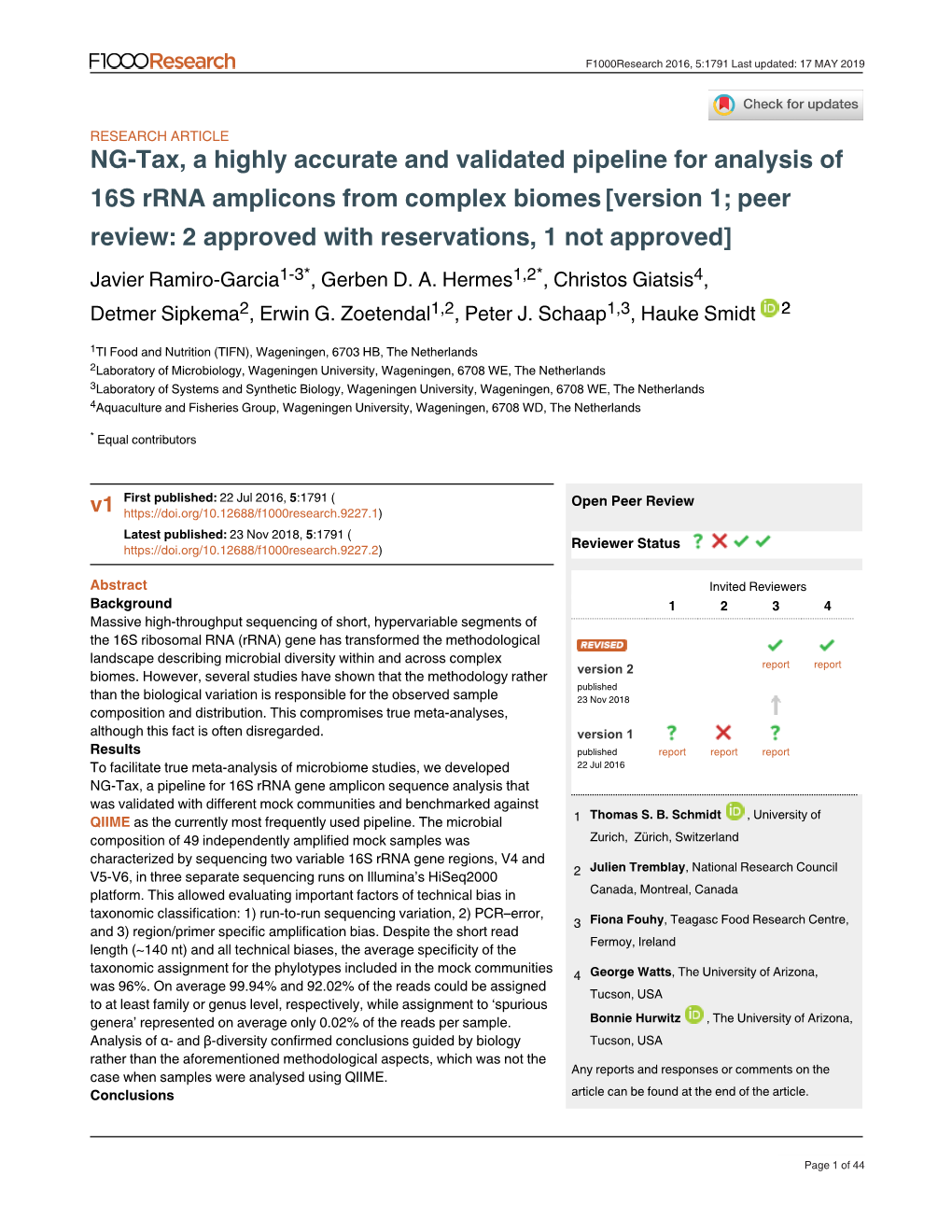 NG-Tax, a Highly Accurate and Validated Pipeline for Analysis of 16S Rrna Amplicons from Complex Biomes[Version 1; Peer Review