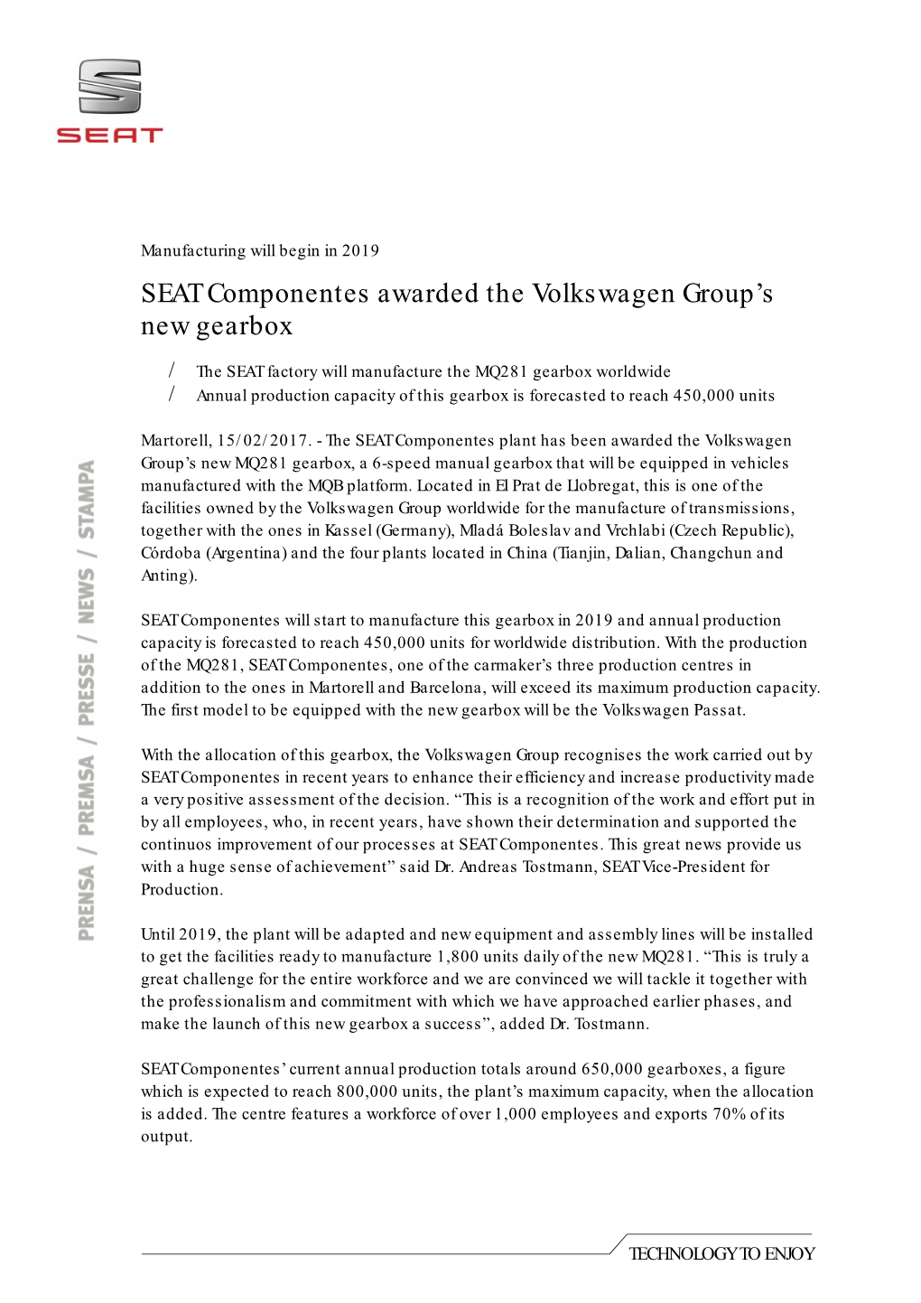 SEAT Componentes Awarded the Volkswagen Group's New Gearbox