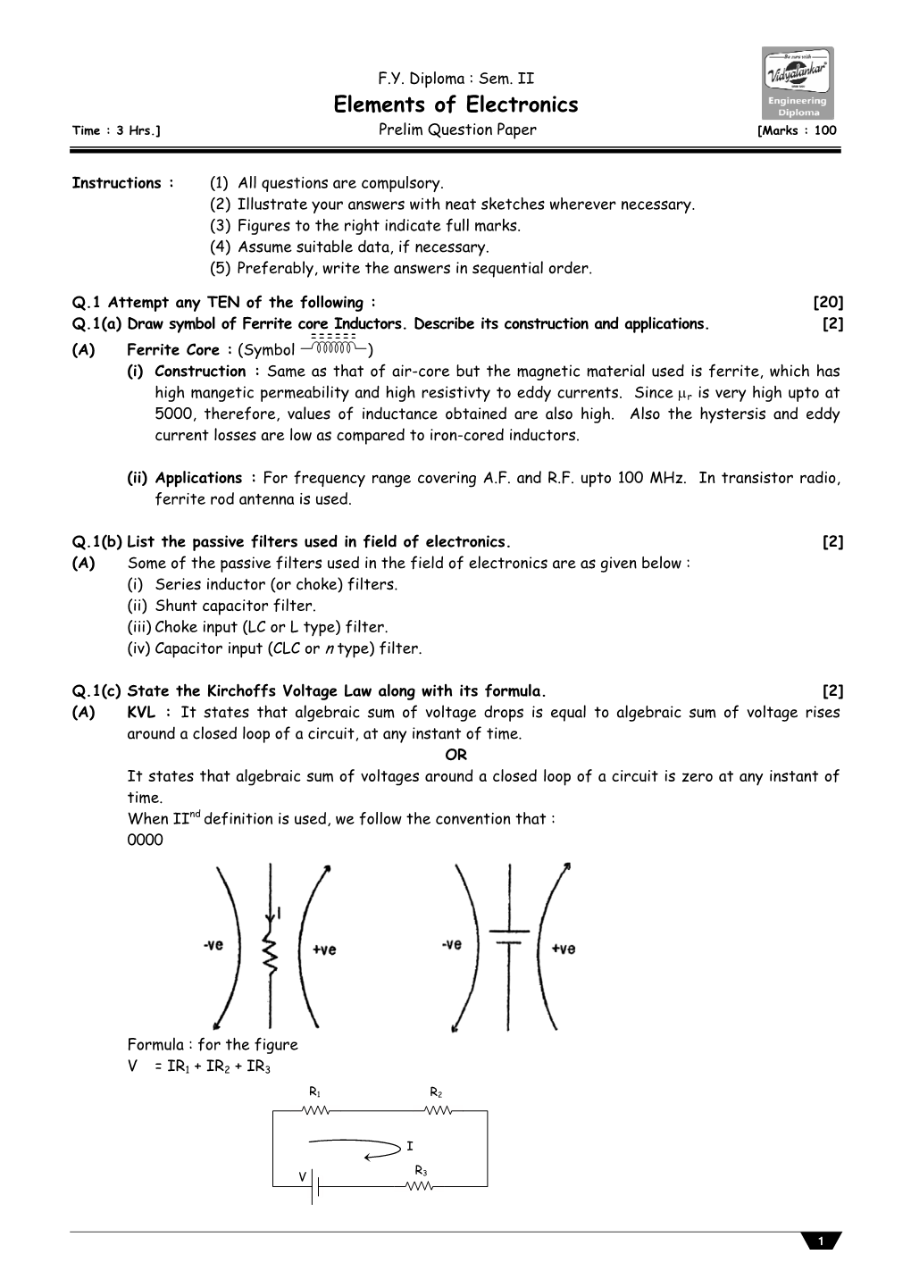 Elements of Electronics Time : 3 Hrs.] Prelim Question Paper [Marks : 100