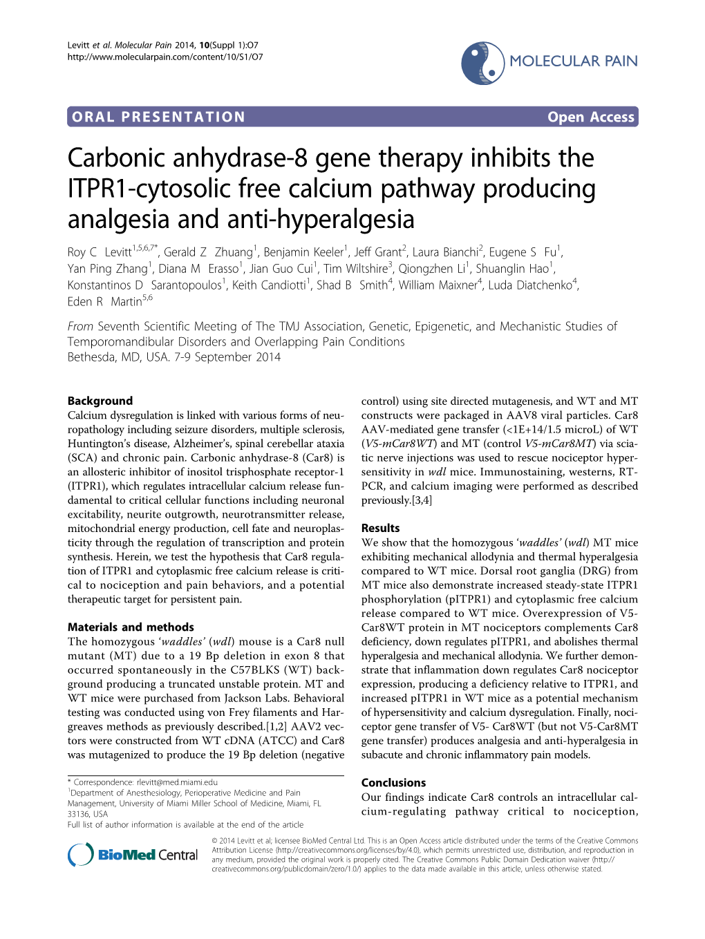 Carbonic Anhydrase-8 Gene Therapy Inhibits the ITPR1-Cytosolic Free