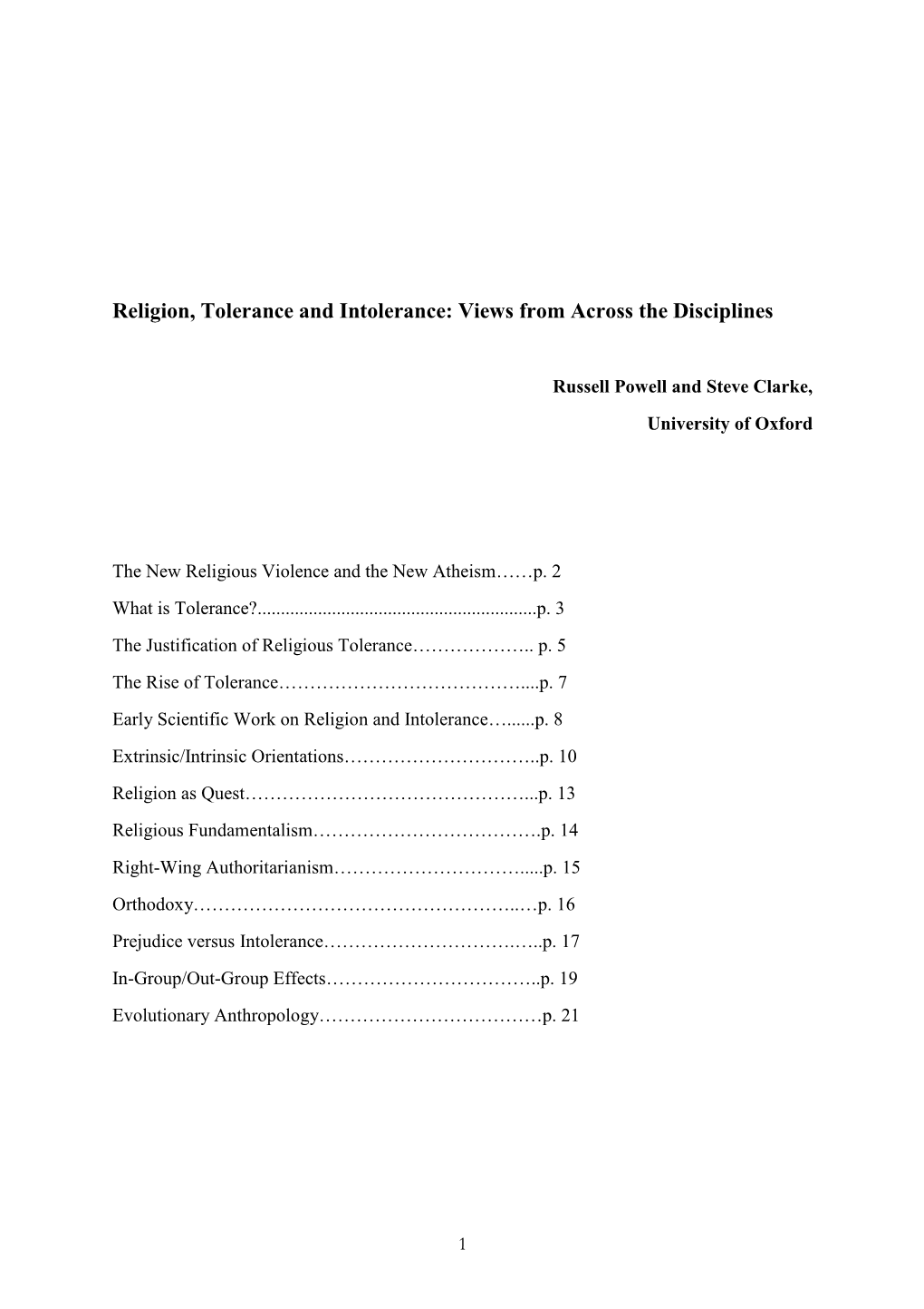 Religion, Tolerance and Intolerance: Views from Across the Disciplines