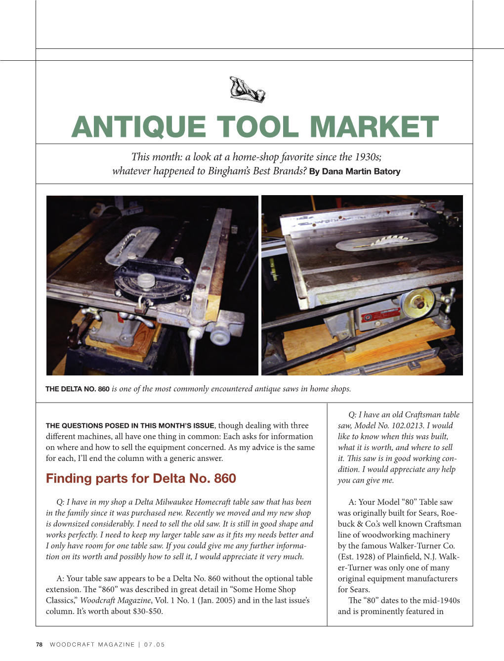 ANTIQUE TOOL MARKET This Month: a Look at a Home-Shop Favorite Since the 1930S; Whatever Happened to Bingham’S Best Brands? by Dana Martin Batory