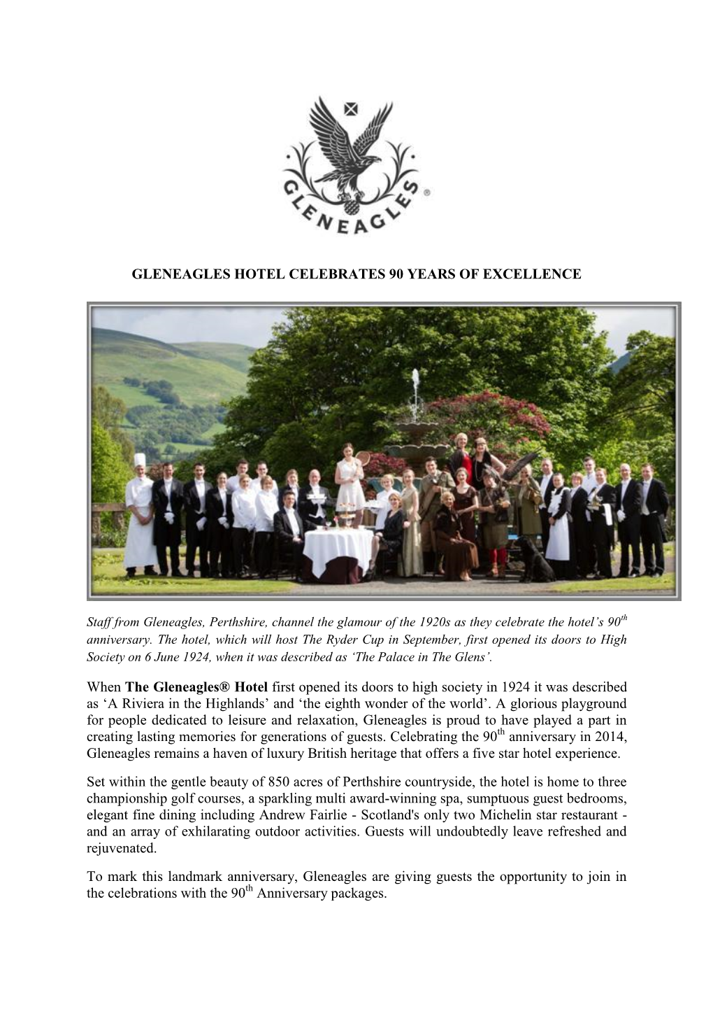 Gleneagles Hotel Celebrates 90 Years of Excellence