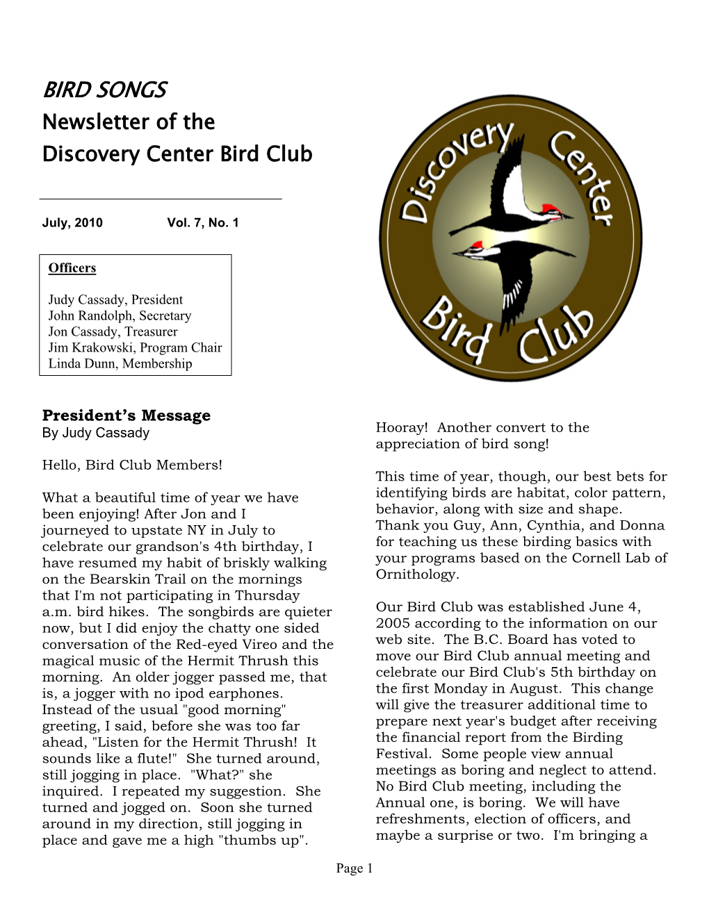 BIRD SONGS Newsletter of the Discovery Center Bird Club