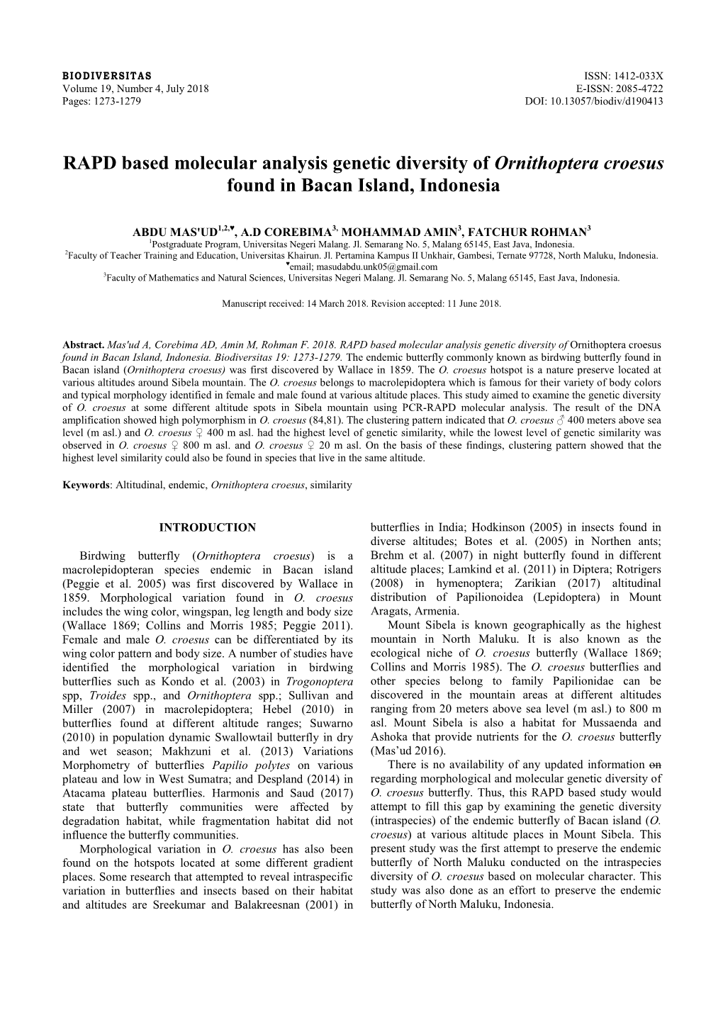 RAPD Based Molecular Analysis Genetic Diversity of Ornithoptera Croesus Found in Bacan Island, Indonesia