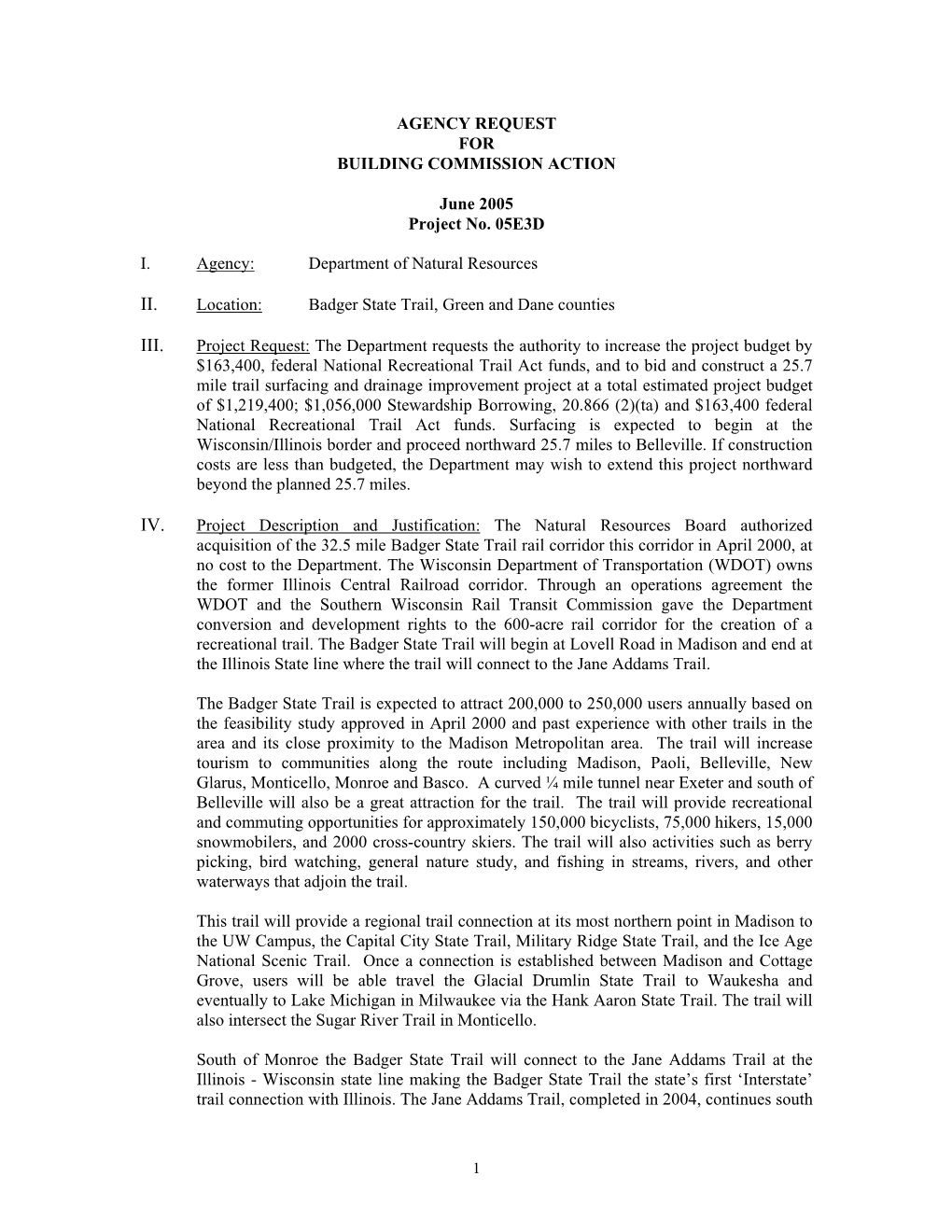 AGENCY REQUEST for BUILDING COMMISSION ACTION June 2005
