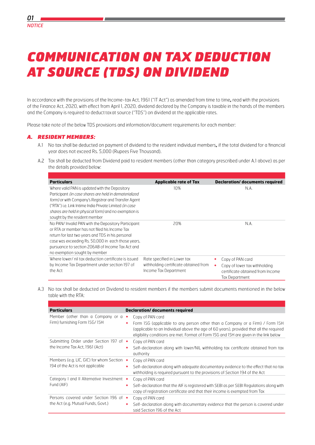 Communication on Tax Deduction at Source (Tds) on Dividend