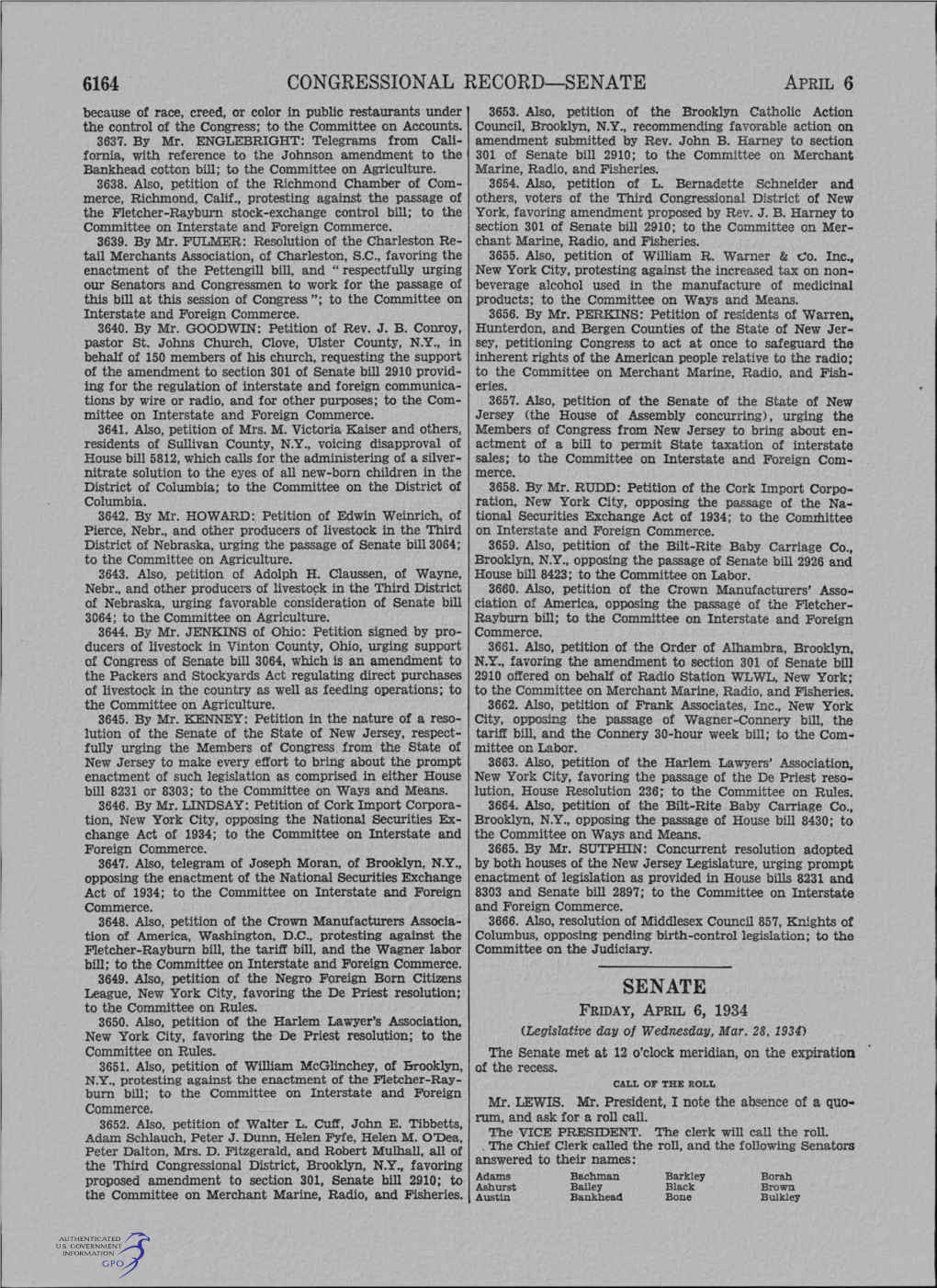 6164 CONGRESSIONAL RECORD-SENATE APRIL 6 Because of Race, Creed, Or Color in Public Restaurants Under 3653