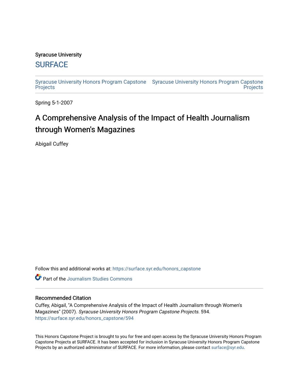 A Comprehensive Analysis of the Impact of Health Journalism Through Women's Magazines