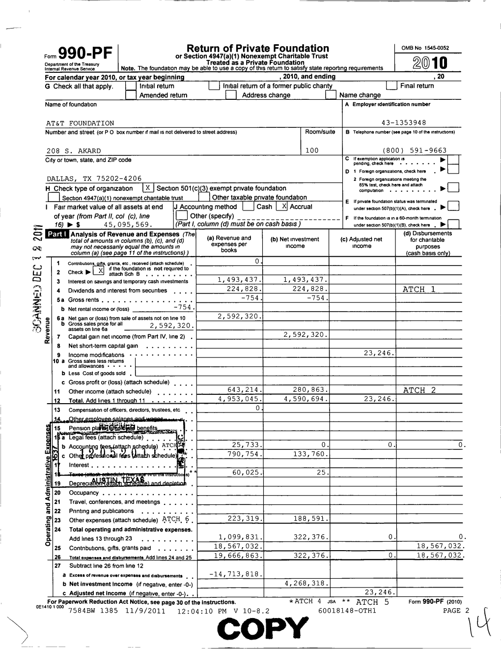 Fomt 990-P F Or Section 4947(A)(1) Nonexempt Charitable Trust ^0 O Department of the Treasury Treated As a Private Foundation Internal Revenue Seance Note