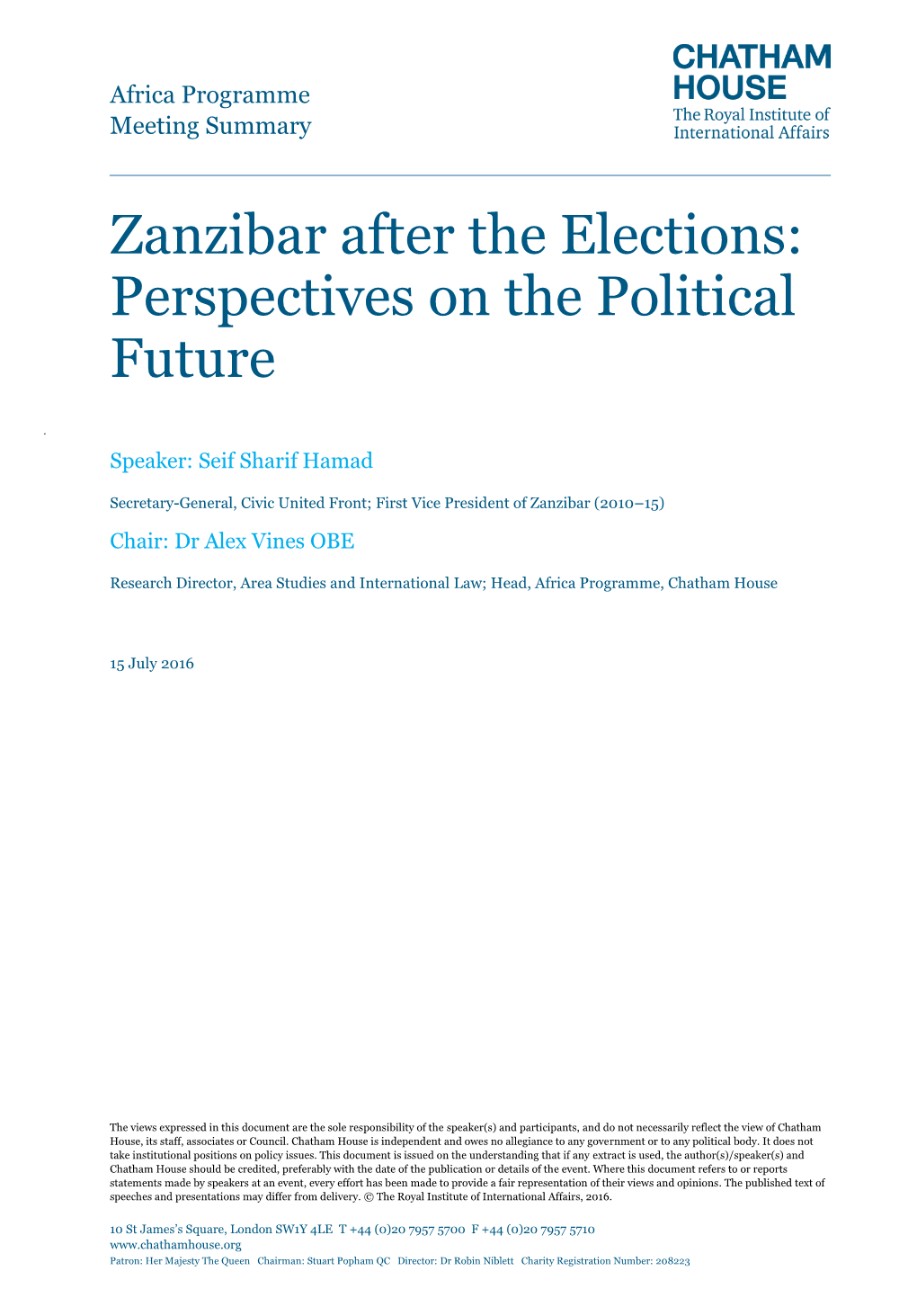 Zanzibar After the Elections: Perspectives on the Political Future