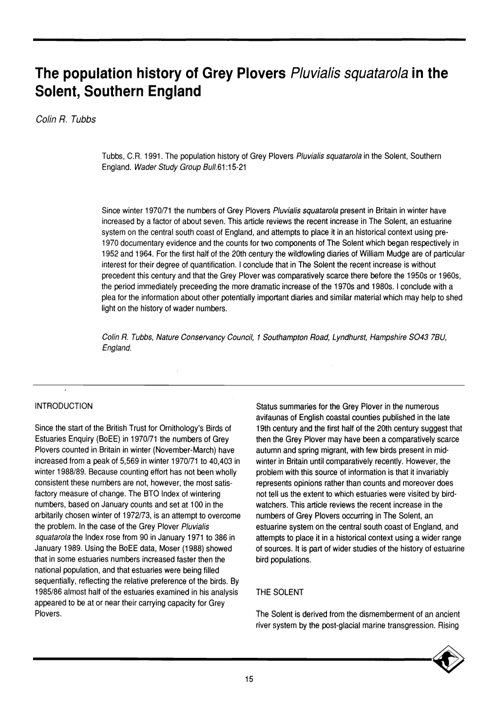 The Population History of Grey Plovers <I>Pluvialis Squatarola</I> in The