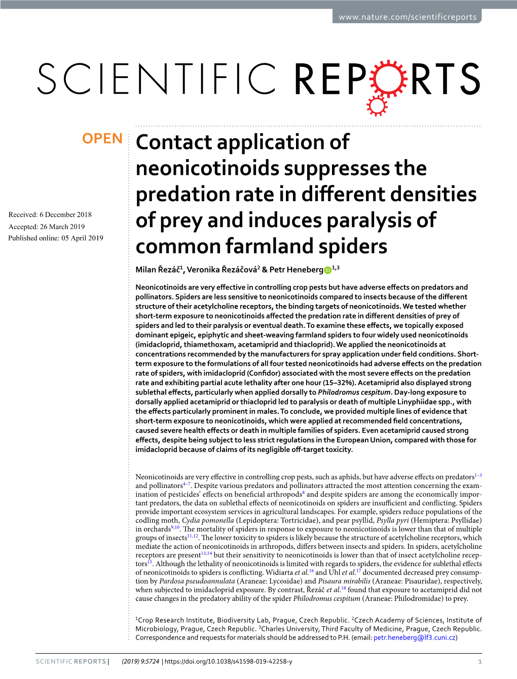 Contact Application of Neonicotinoids Suppresses the Predation Rate In