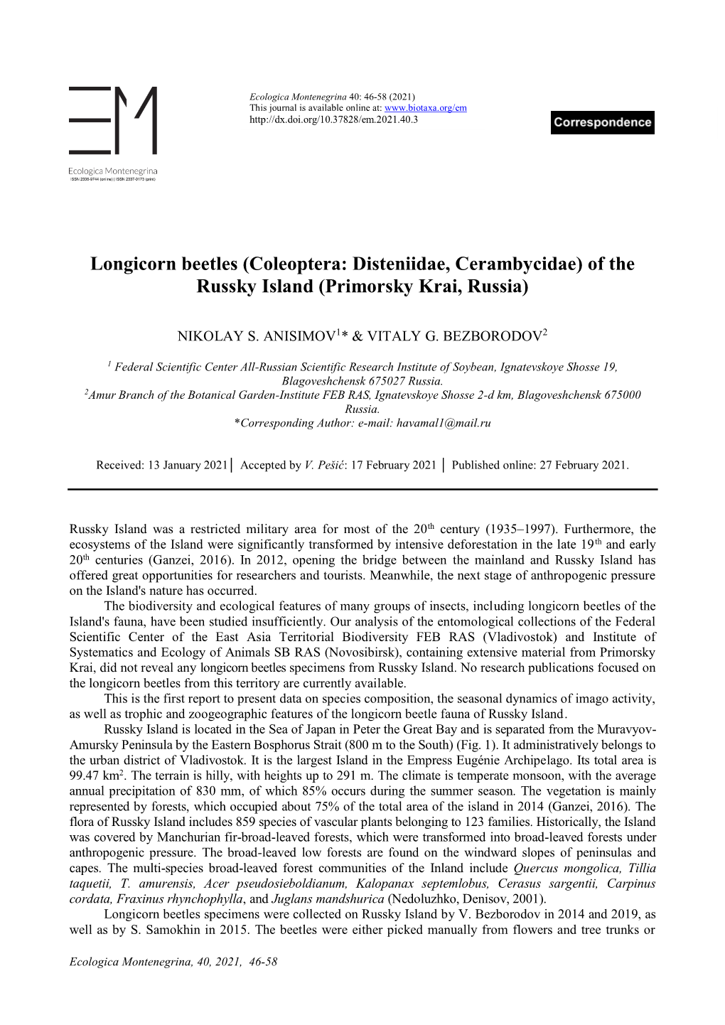 Coleoptera: Disteniidae, Cerambycidae) of the Russky Island (Primorsky Krai, Russia)