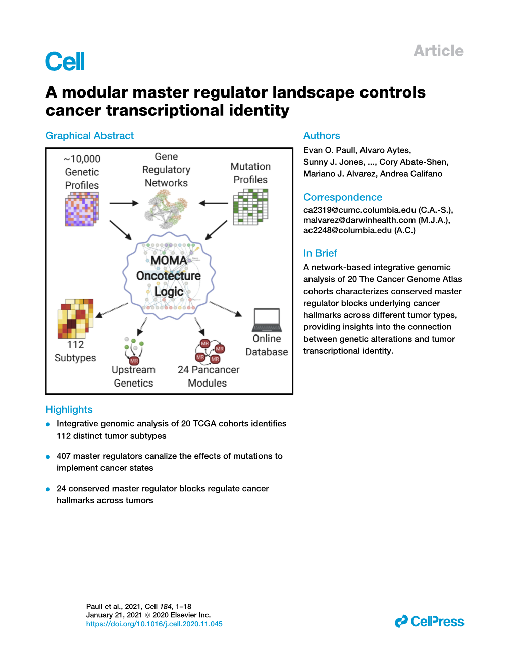 A Modular Master Regulator Landscape Controls Cancer Transcriptional Identity