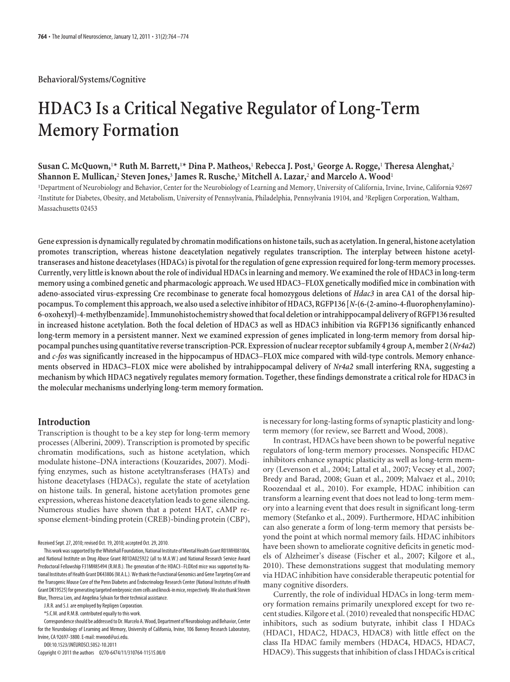 HDAC3 Is a Critical Negative Regulator of Long-Term Memory Formation