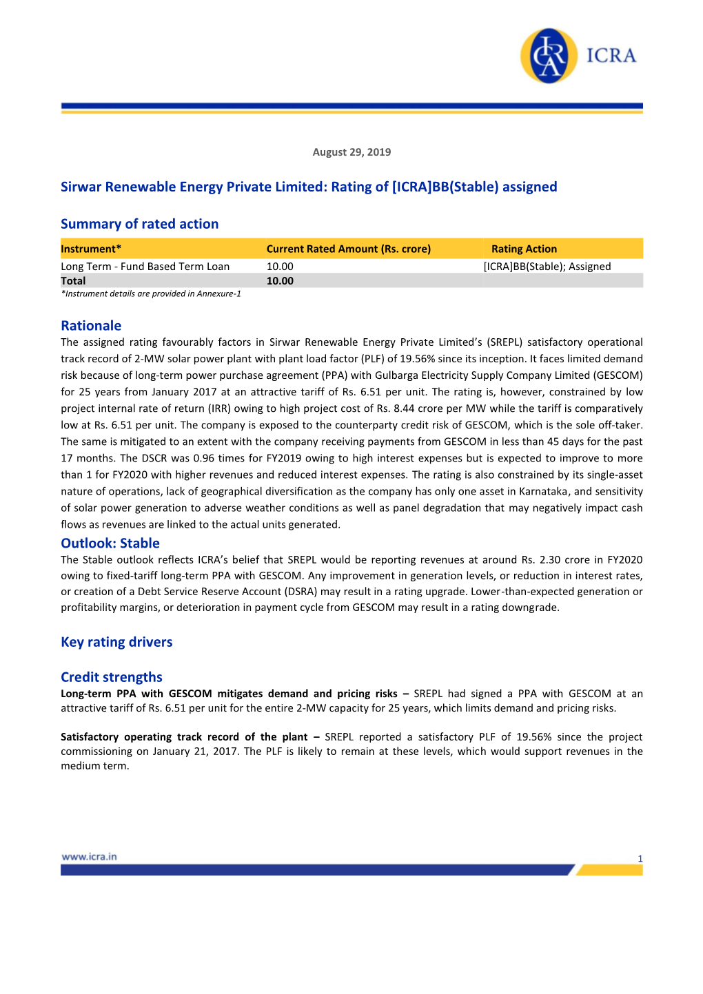 Sirwar Renewable Energy Private Limited: Rating of [ICRA]BB(Stable) Assigned