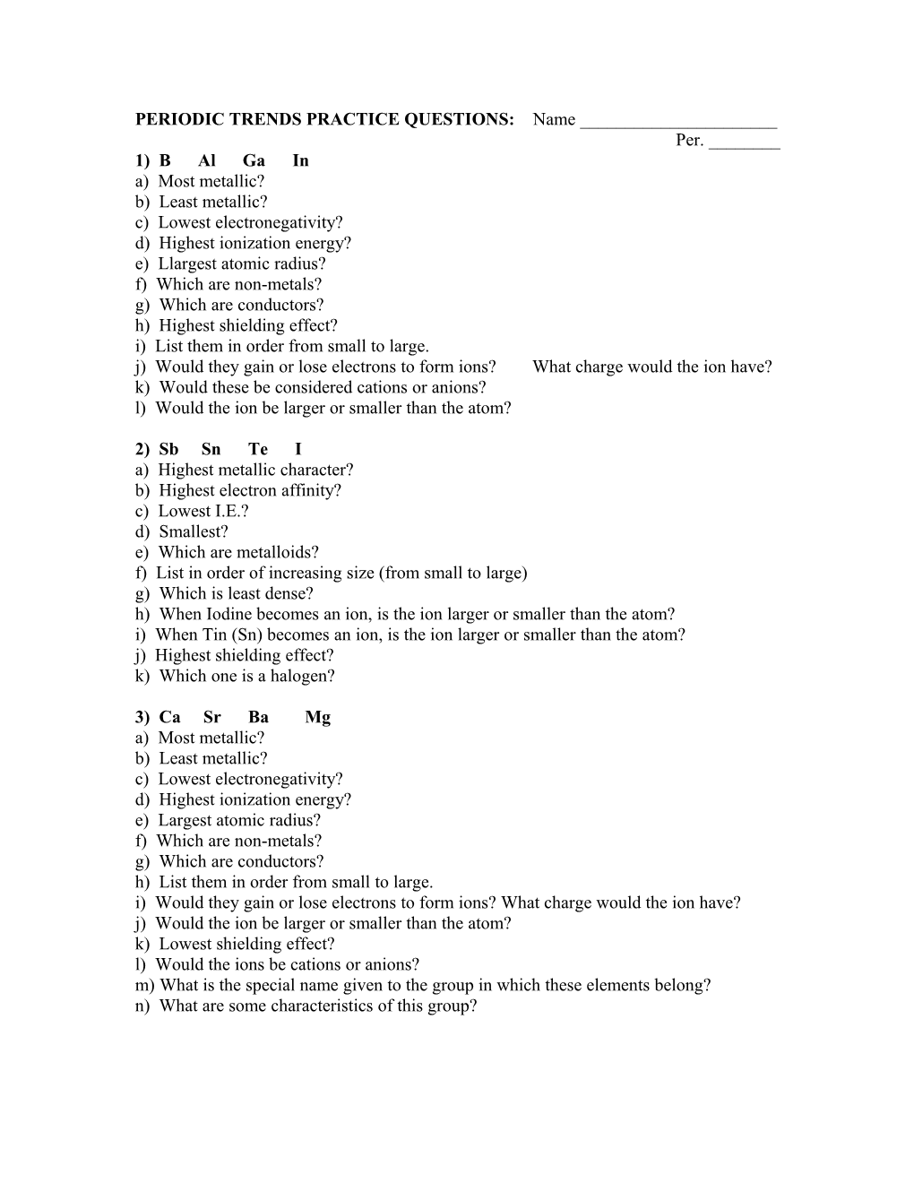 Periodic Trends Practice Questions: