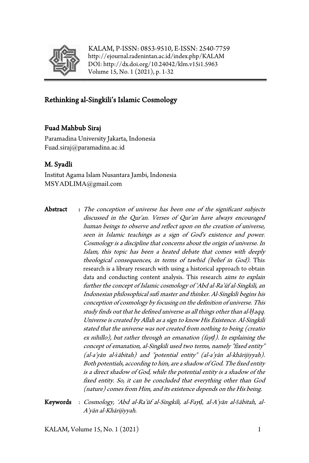 Rethinking Al-Singkili's Islamic Cosmology
