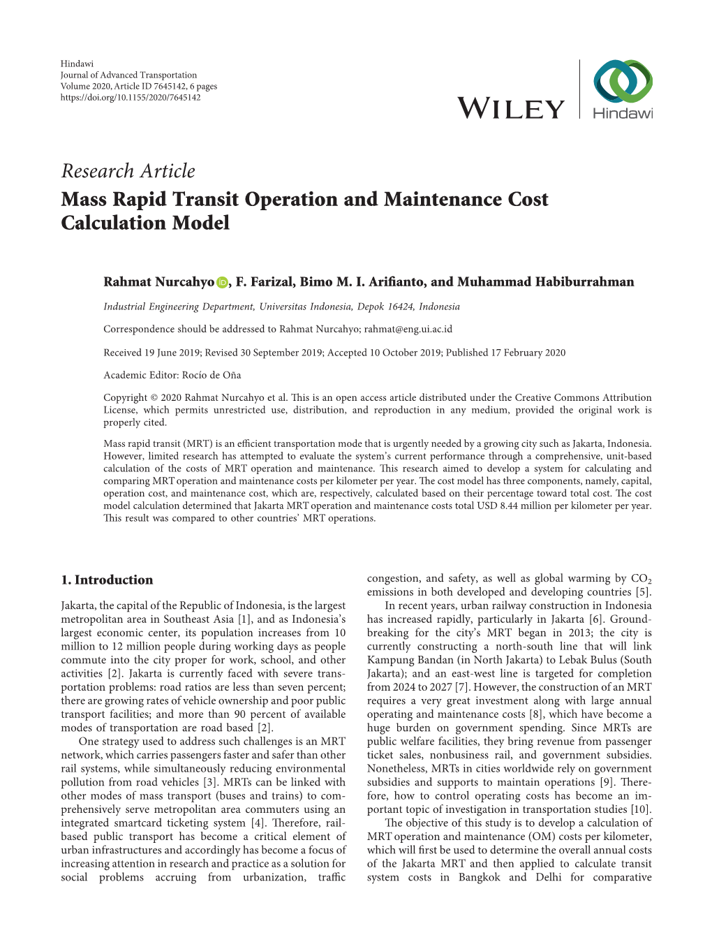 Mass Rapid Transit Operation and Maintenance Cost Calculation Model