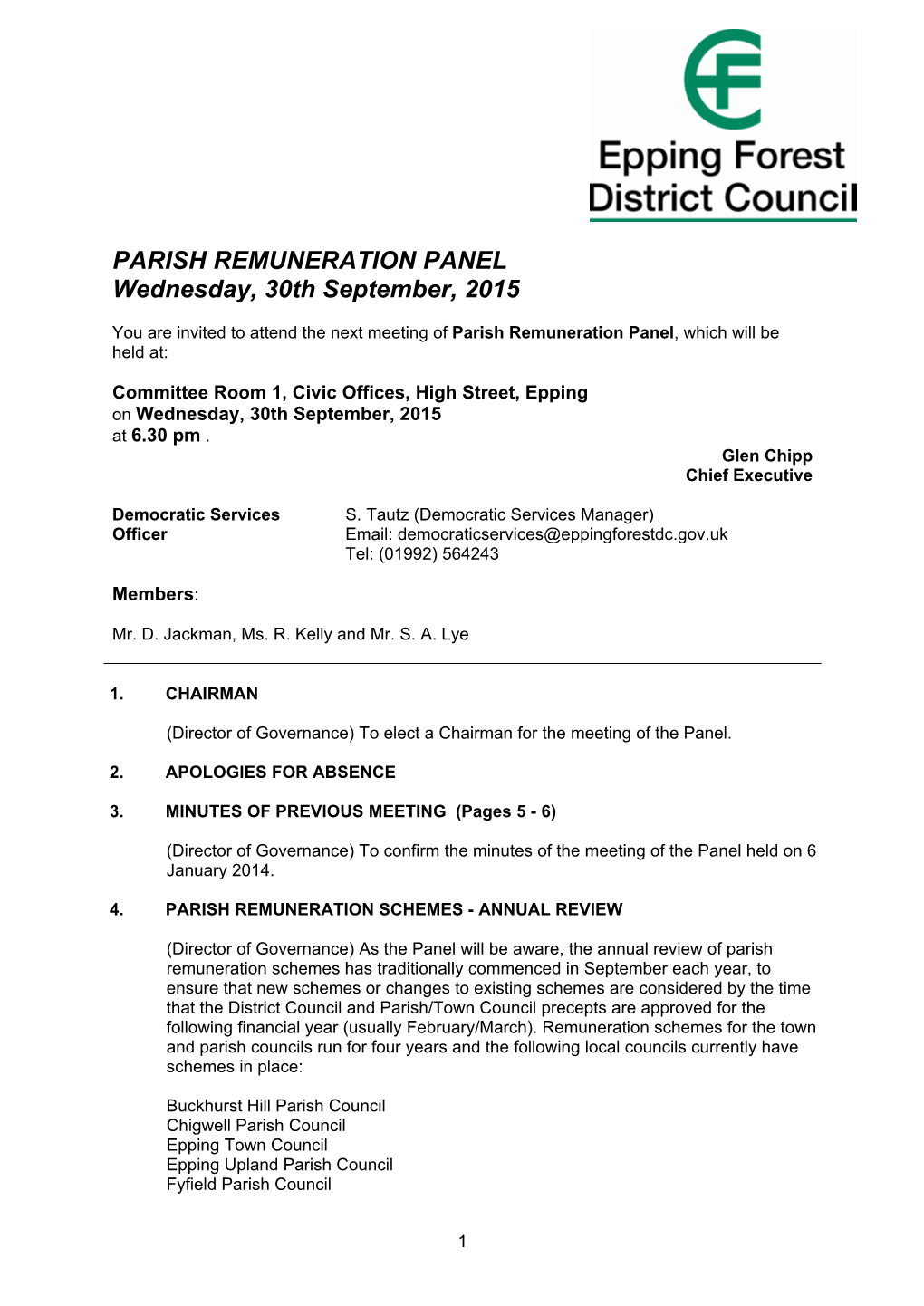 PARISH REMUNERATION PANEL Wednesday, 30Th September, 2015