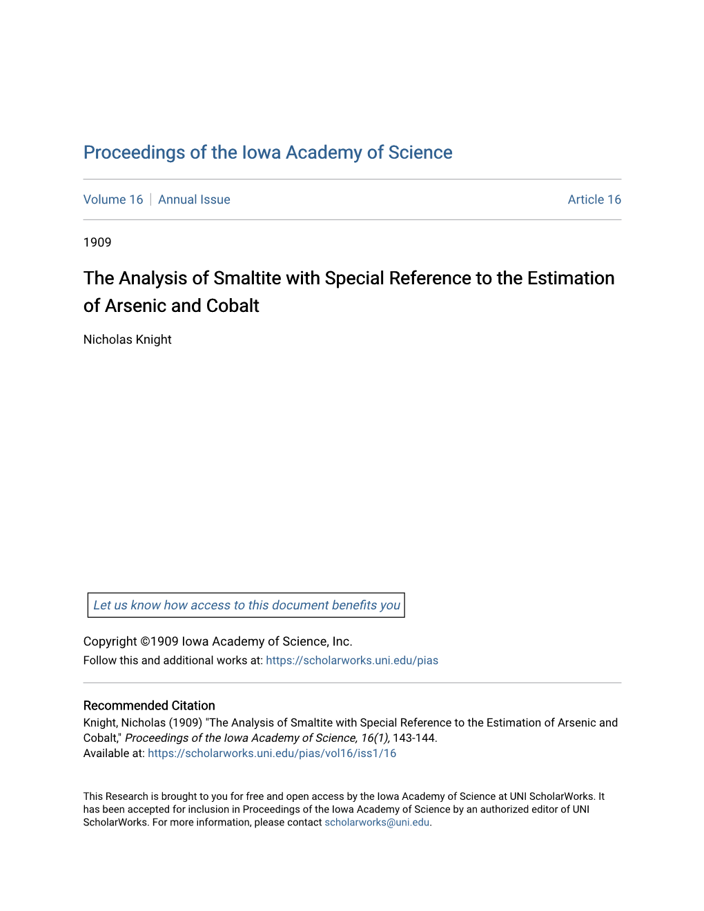 The Analysis of Smaltite with Special Reference to the Estimation of Arsenic and Cobalt