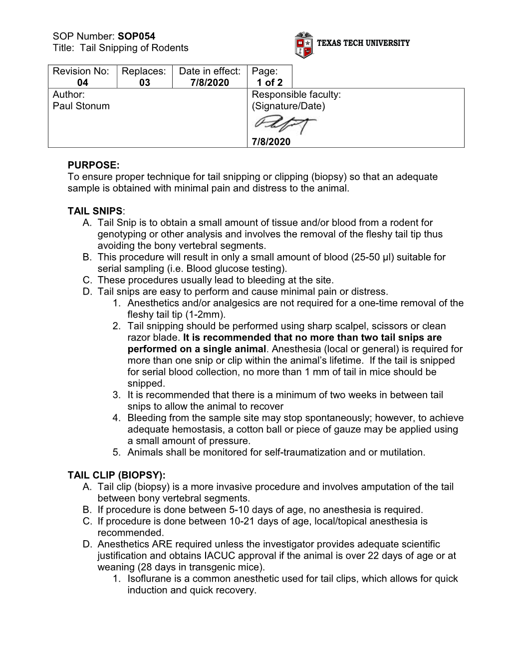 SOP Number: SOP054 Title: Tail Snipping of Rodents Revision No