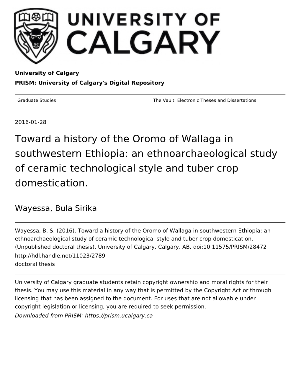 Toward a History of the Oromo of Wallaga in Southwestern Ethiopia: an Ethnoarchaeological Study of Ceramic Technological Style and Tuber Crop Domestication