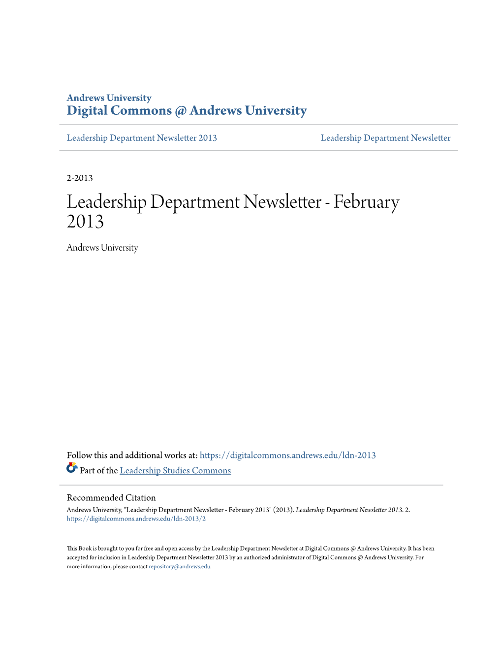 Leadership Department Newsletter 2013 Leadership Department Newsletter