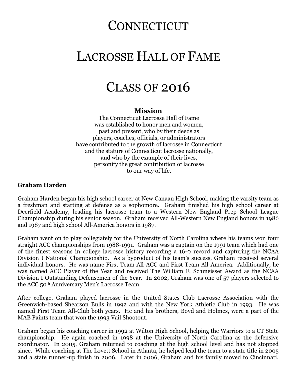 Connecticut Lacrosse Hall of Fame Class of 2016